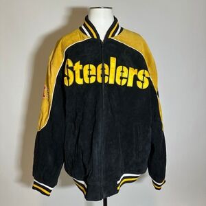 Vintage NFL Pittsburgh Steelers Suede Leather Jacket Mens XL Black/Yellow G-III